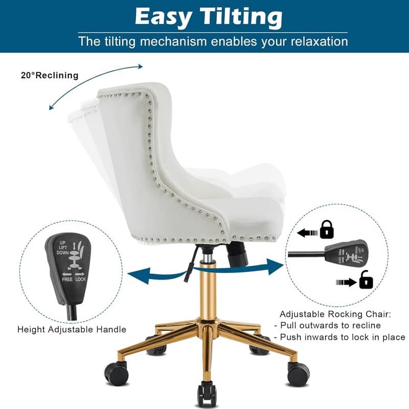 VINGLI Pink Velvet Office Chair with Wheels - White