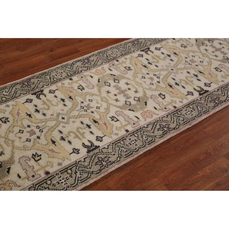 All-Over Ivory Oushak Indian Runner Rug Handmade Wool Carpet - 2'6"x 7'9"