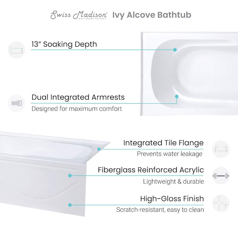 Swiss Madison Alcove Soaking Tub w/Apron Skirt 60/30 Left Hand - 60x30 Left