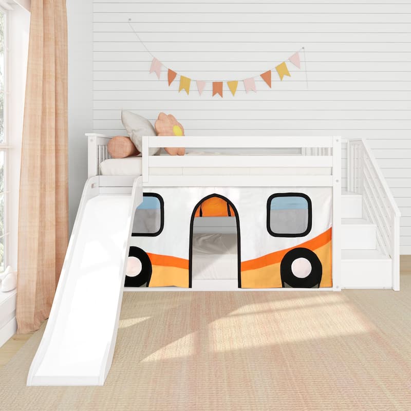 Max and Lily Classic Low Bunk with Stairs, Easy Slide and Curtain