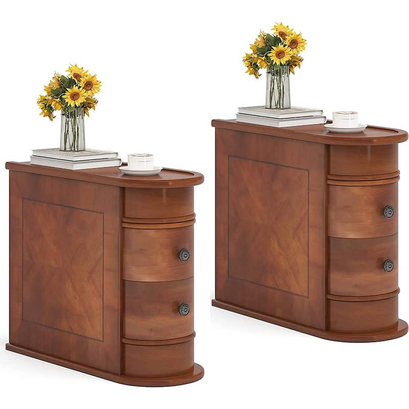 Solid Wood Chairside End Table, Two-Drawer Narrow Side Table Slim - 3PCS - Brown