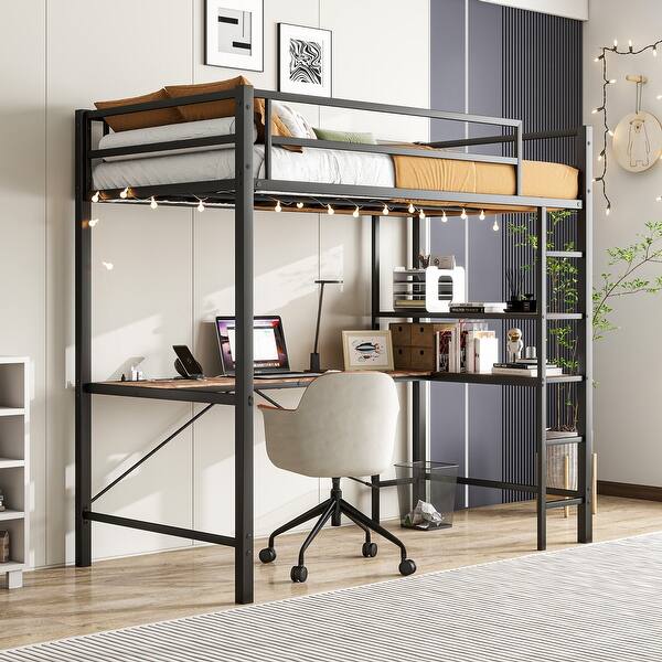 slide 2 of 11, Sturdy Twin Loft Bed with L-Shaped Work Desk, Built-in USB & AC Charging Ports, LED Lighting, Safety Rails, and Storage Shelves Black