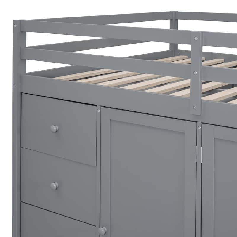 Full Size Wood Loft Bed With Built-in Wardrobes, Cabinets and Drawers
