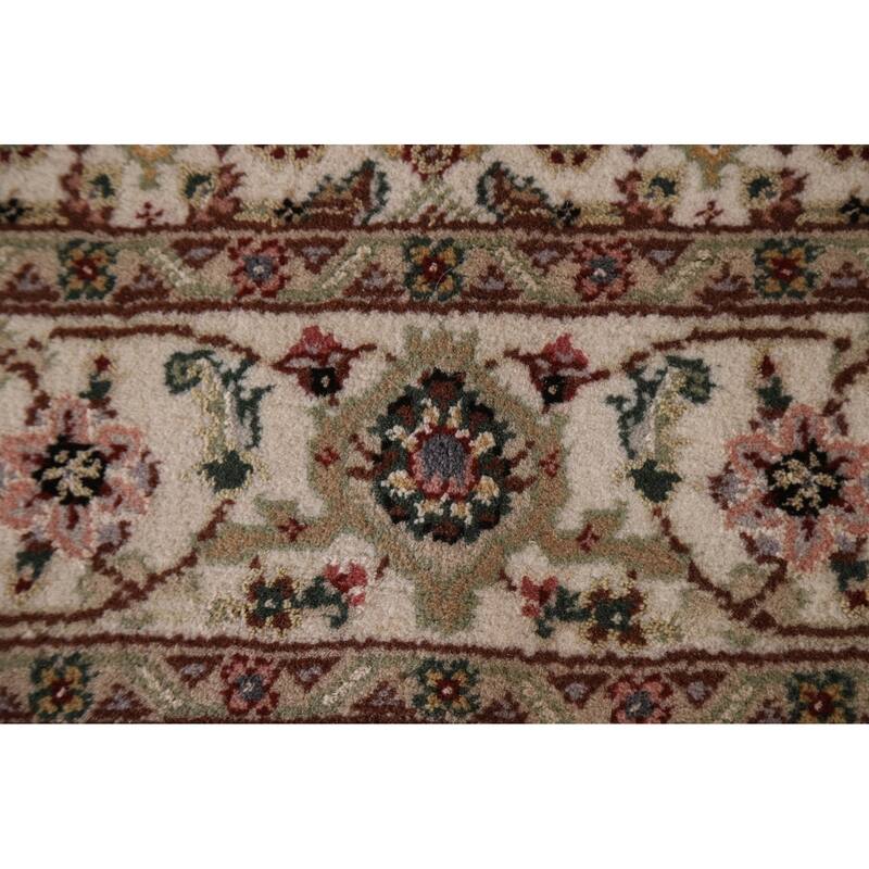 Hand Knotted Oriental Wool & Silk Carpet Traditional Floral Beige & Ivories Tabriz Runner Rug - 20' 4'' X 2' 7''