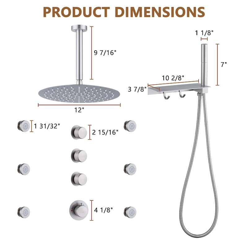 CASAINC Thermostatic 12 inch Rainfall Showerhead with Handheld Spray & 6 Body Jets Set(Can All Run Together) Rain Shower System