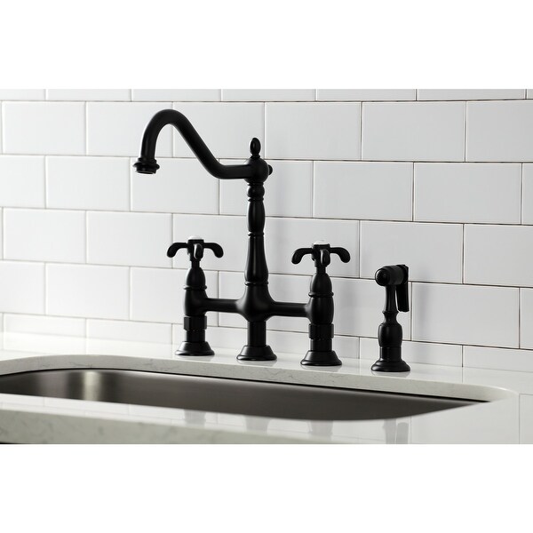 French Country Bridge Kitchen Faucet with Brass Sprayer. Opens flyout.