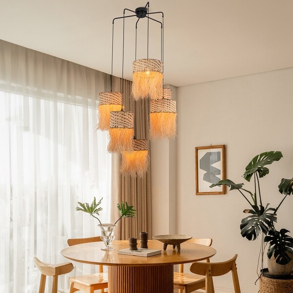 Amber 6 Light Hanging Cluster Pendant Coastal Elegance Chandelier With Natural Raffia Shade 39 Wide Bed Bath Beyond 42001427