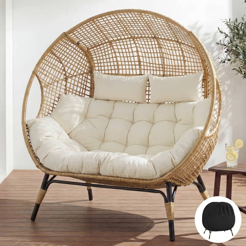 2-Person Papasan-Style Oversized PE Wicker Egg Chair with Cushions, 57.1" Wide, 680-lb Capacity, Indoor/Outdoor