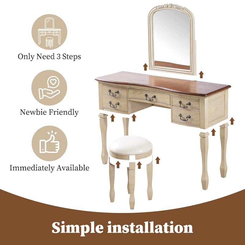 Roomfitters 46" Makeup Vanity with Mirror and Stool, French Country Dressing Table Desk with 5 Drawers, Brown+Antique White