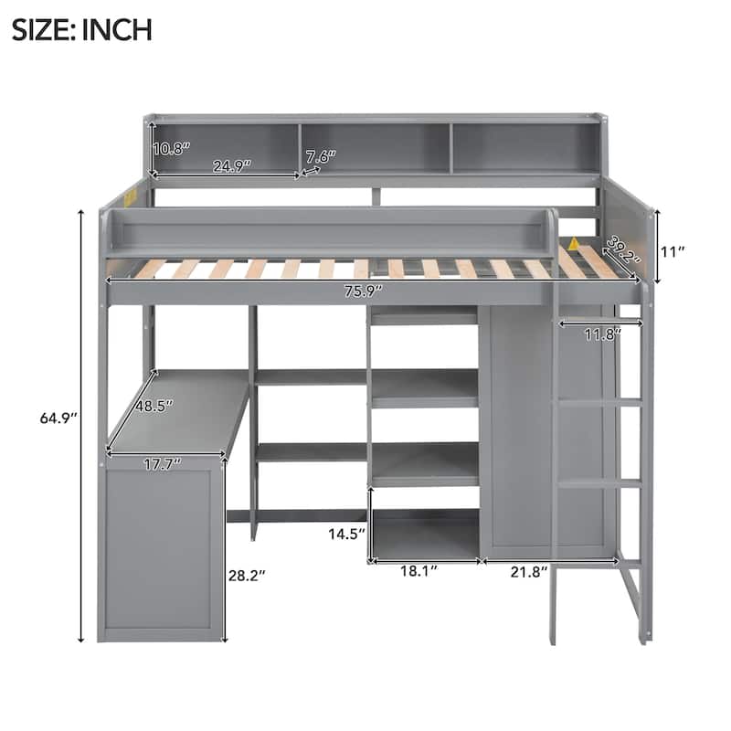 Twin Size Loft Bed with Storage Shelves, Wardrobe, and Built-in Desk, Gray
