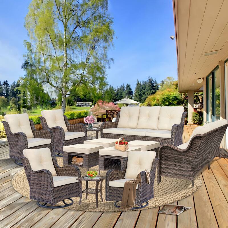 12 Piece Patio Furniture Set Outdoor Wicker Chair Sofa Ottoman Cushion - Beige-Brown Wicker