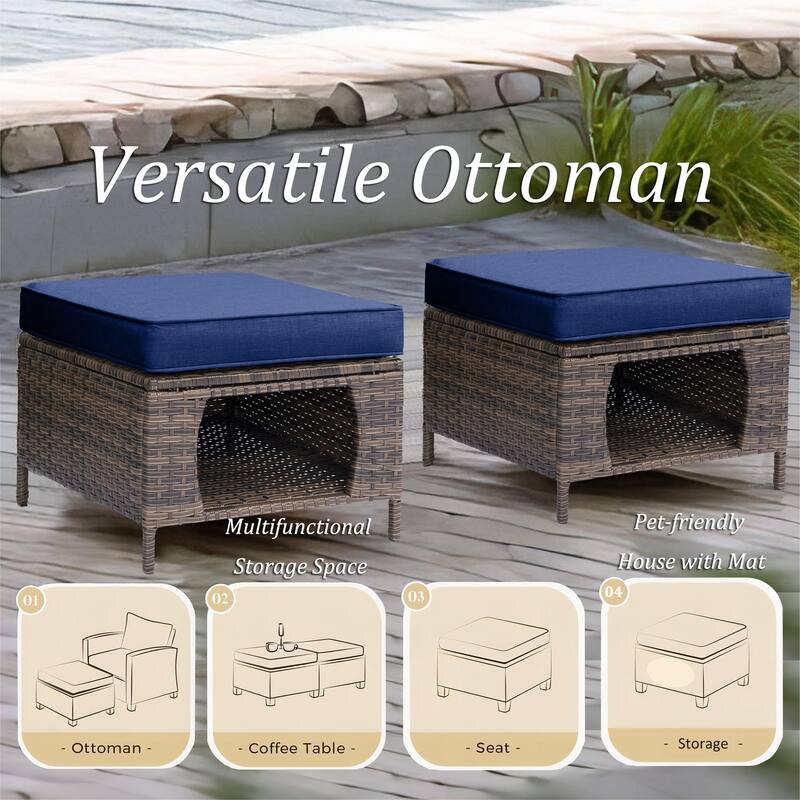 5-piece Outdoor Patio Wicker Conversation Sets With Storage Ottomans