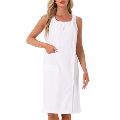 Women's Bath Robe Sleeveless Soft Bathrobes Knee Lenght Robe w Pockets