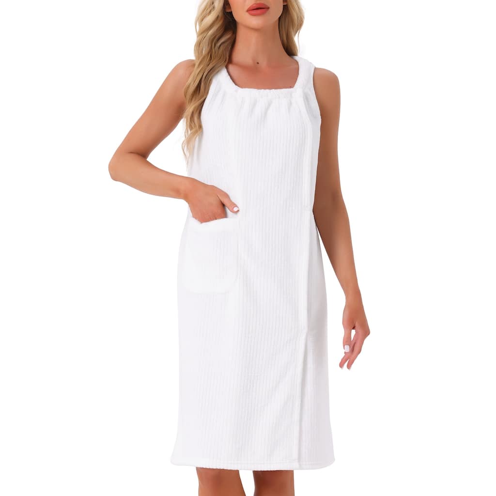 Women's Bath Robe Sleeveless Soft Bathrobes Knee Lenght Robe w Pockets
