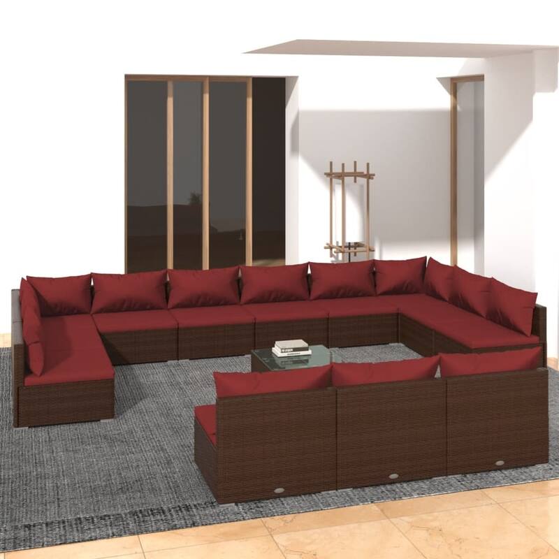 vidaXL Patio Lounge Set with Cushions Brown Poly Rattan - 27.6" x 27.6" x 24" - 27.6" x 27.6" x 24" - Brown/Cinnamon red 11 x Middle sofa