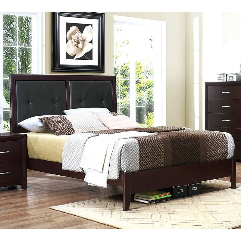 Queen Size Faux Leather Upholstered Bed with Button-Tufted Headboard in Espresso Finish