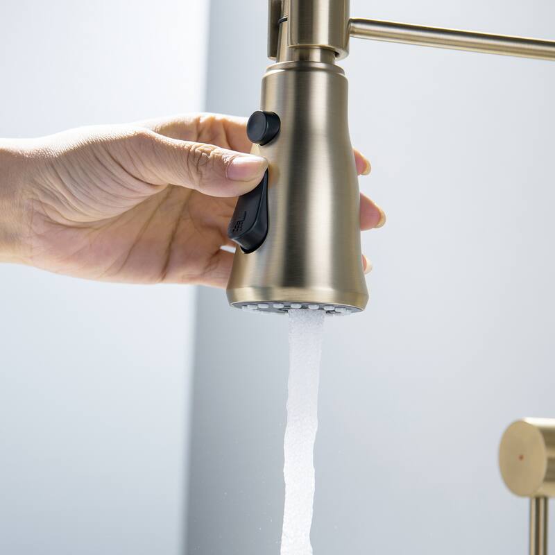 Wall Mounted Pull Down Two Handle Kitchen Faucet In Brushed Gold