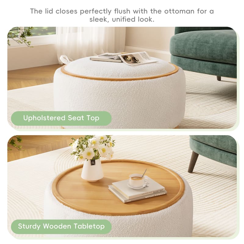 Roomfitters 29 Inch Round Storage Ottoman with Reversible Wooden Tray Top, Upholstered Coffee Table for Living Room