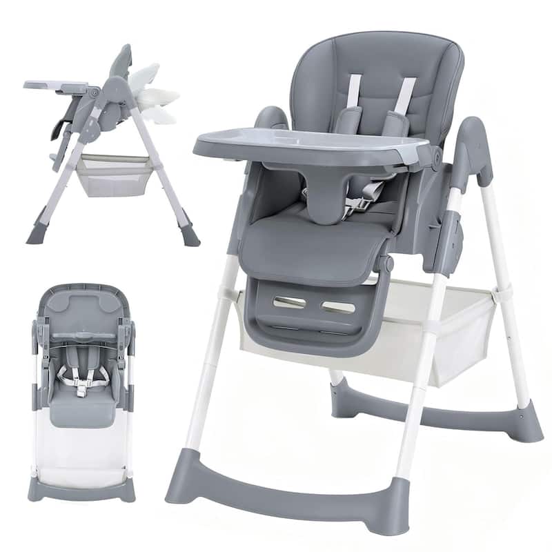 Adjustable Backrest Foldable High Chair for Babies & Toddlers, Dark Grey - Grey