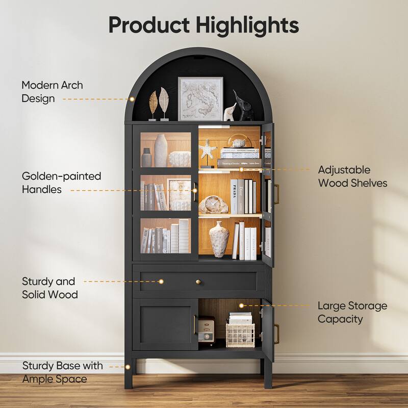 Arched Storage Cabinet With Glass Doors & Auto Sensor LED Lights