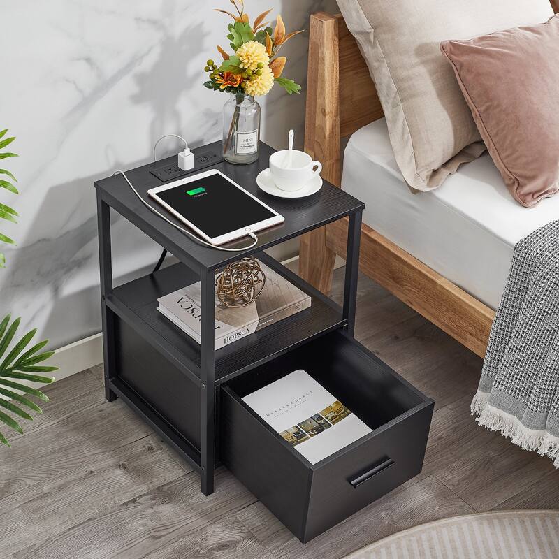 3-pieces Bedroom Set Platform Bed Frame Set of 2 Nightstands with Charging Station USB Port