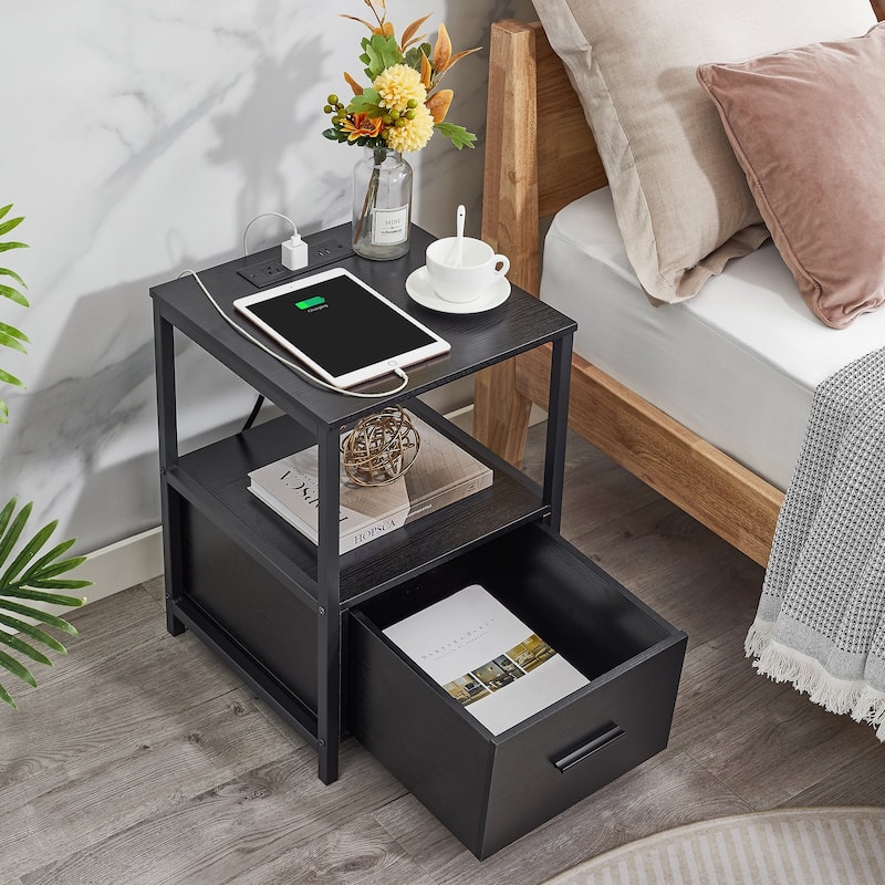 VECELO 2-Pack Nightstand Set with Charging Station 2 USB & 2 AC Outlets Compact End Table for Small Spaces (Set of 2)