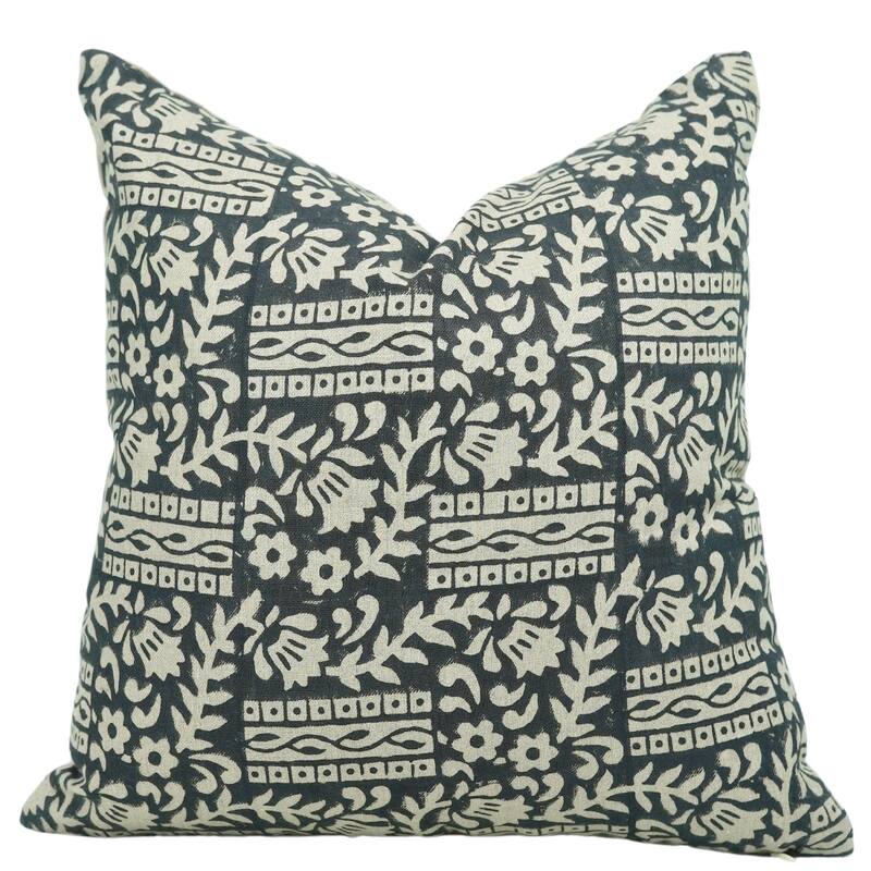Fabdivine Block Print 12x20 Inch Pillow Cover Pure Linen Floral Farmhouse Decor Accent for Brown Soft, Cushion Case, Kanak Buti - Pillow Covers - Mumtaaz- Black - 16" x 16"