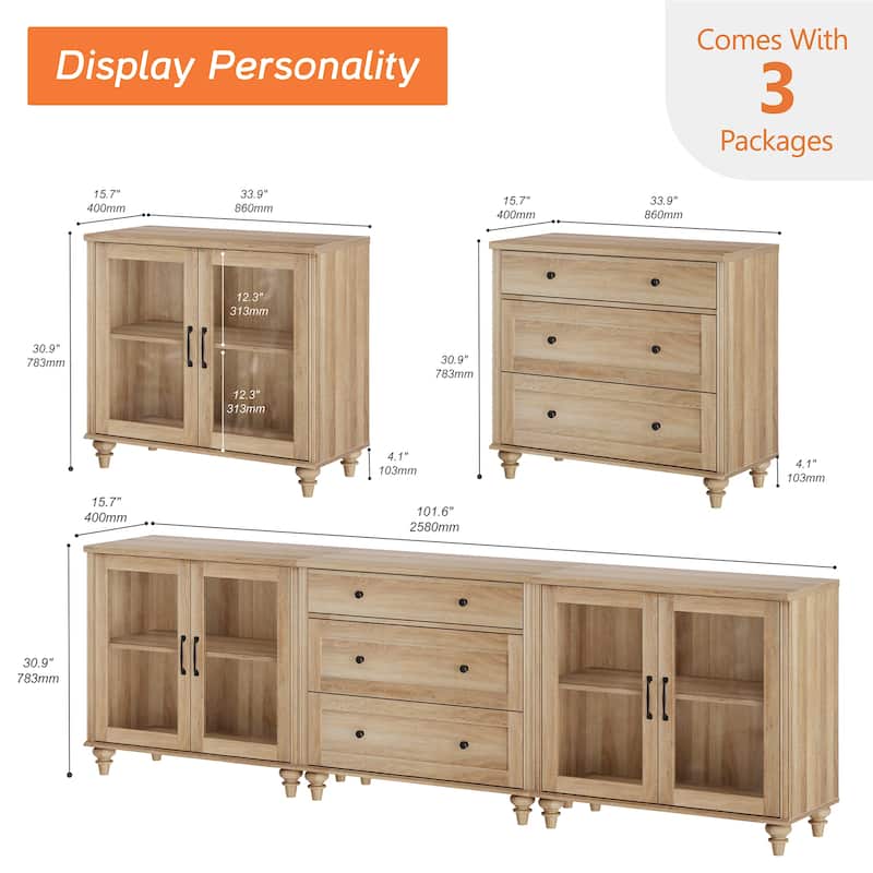 Farmhouse TV Stand with Glass Door, Oak