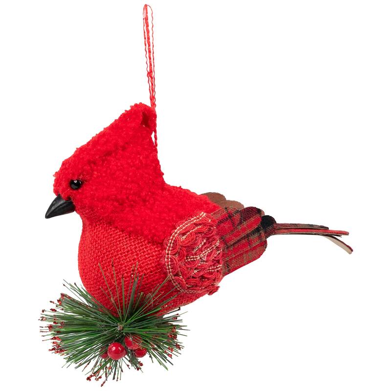 6.5" Red Burlap Cardinal with Pine Needles Berries Christmas Ornament
