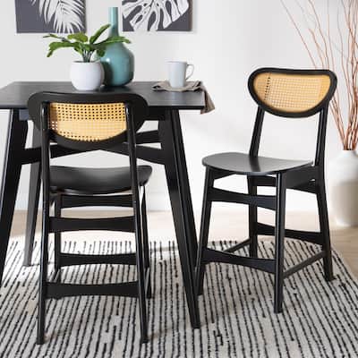 Hesper Mid-Century Modern Wood and Rattan 2-Piece Counter Stool Set