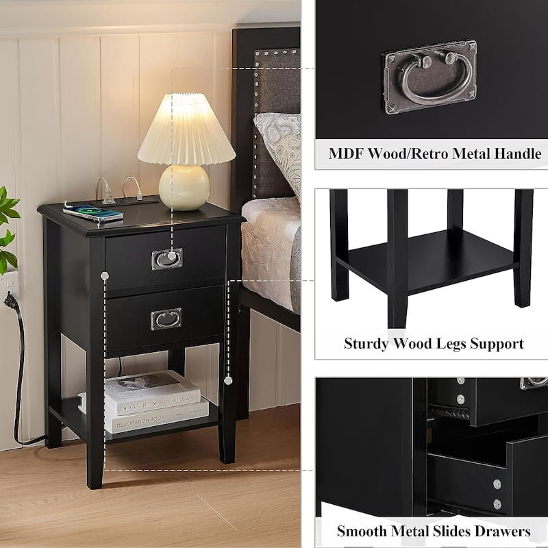 Javlergo Set of 2 Wooden Nightstand with Charging Station, Side End Table with USB Drawer and Open Storage Shelf