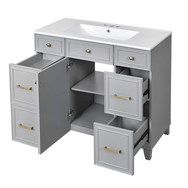 36 Inch Freestanding Bathroom Vanity with White Ceramic Basin and Door and Drawers