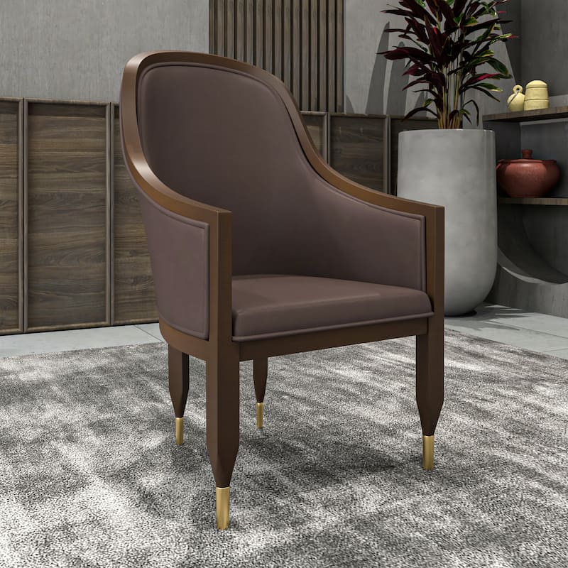 Leather Dining Chair with Arms with Rubberwood Frame Belle Series by LeisureMod