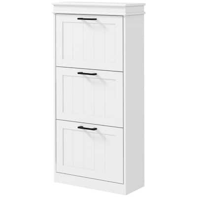 Modern White Shoe Cabinet with 3 Tilt-Out Drawers and Adjustable Shelves for Entryway Storage - 21.25" W x 9.5" D x 46.25" H
