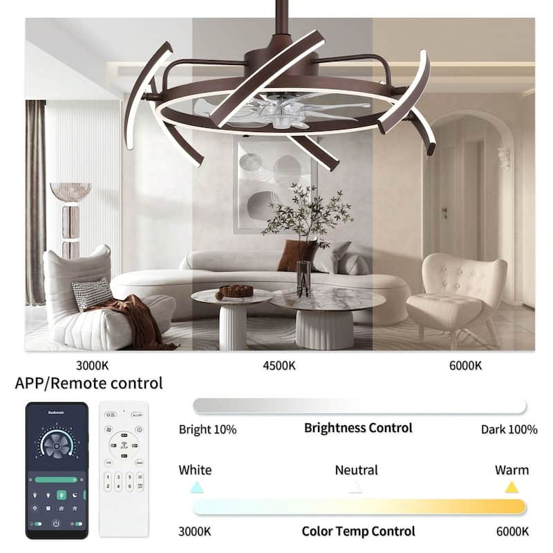Cusp Barn 24-Inch Dimmable LED 6-DIY Shape Smart Ceiling Fan With Light, 6-Speed Reversible Ceiling Fan Light With Remote