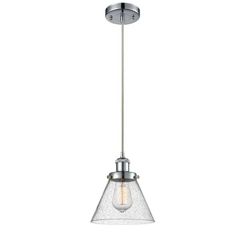Innovations Lighting Large Cone 8" Wide Mini Pendant - Cord Hung - Polished Chrome / Seedy