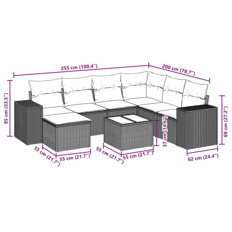 vidaXL 7/8 Piece Patio Sofa Set with Cushions Black/Brown/Gray Poly Rattan - 24.4 x 24.4 x 27.2