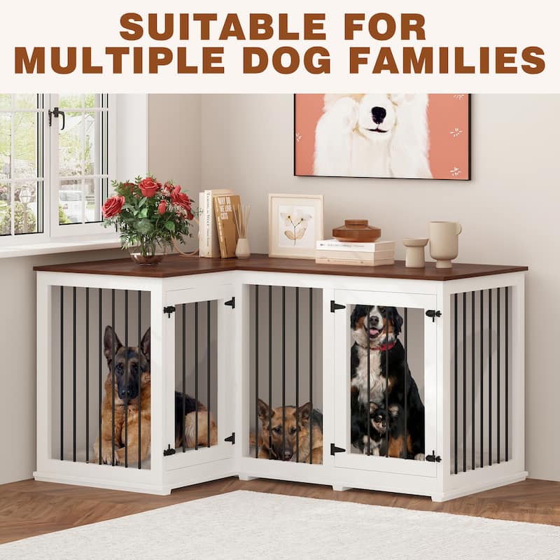 Large Corner Dog Crate Furniture, Wooden L Shaped Double Dog Kennel