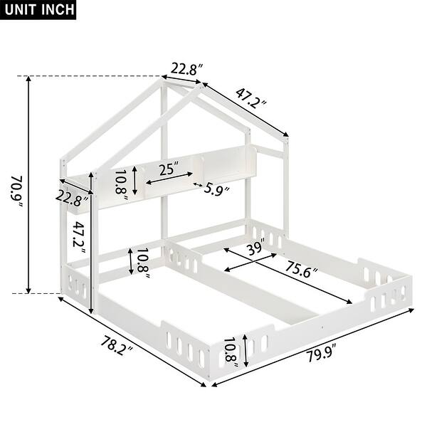 Twin Size House Platform Beds with Shelves and Guardrails, 2 Shared Beds in Creamy White