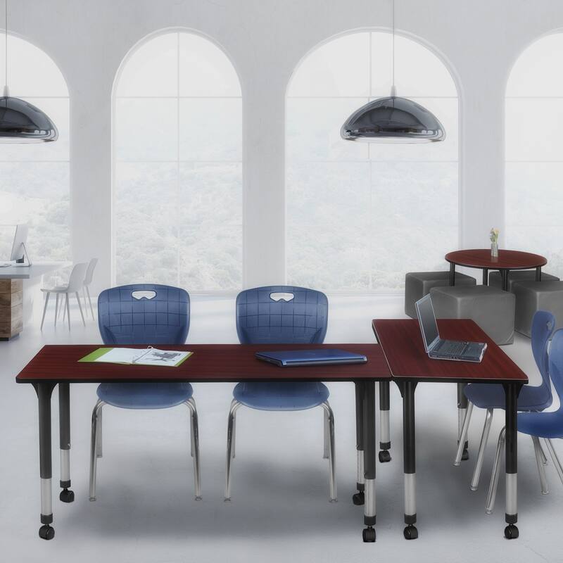 72 in. Height Adjustable Mobile Classroom Table - Mahogany & 2 18-in Stack Chairs- Navy Blue - 30