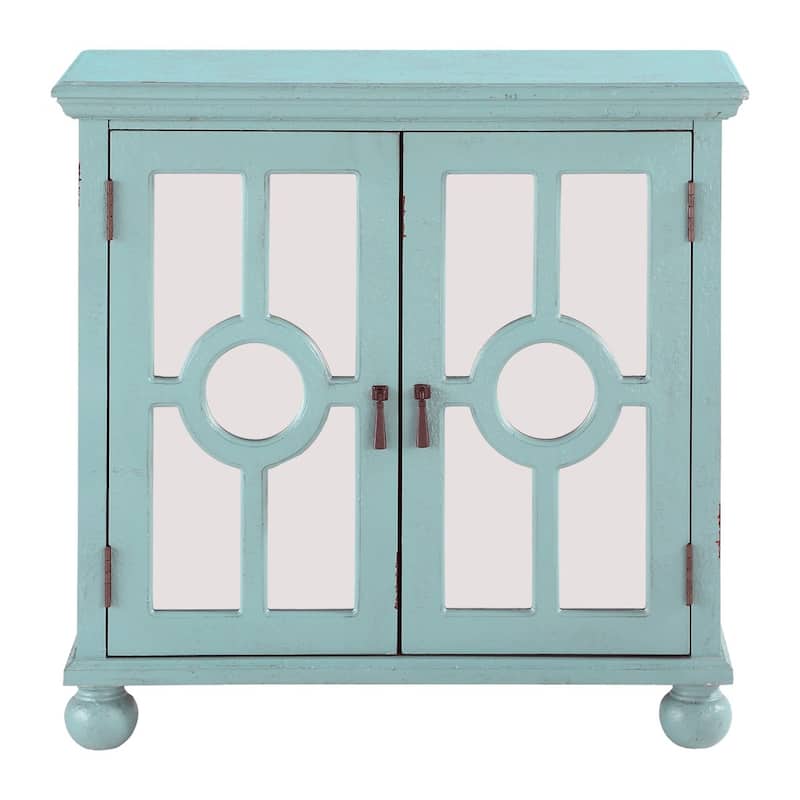 Anik Accent Cabinet, 2 Mirror Inlaid Glass Door, Aqua Green Wood