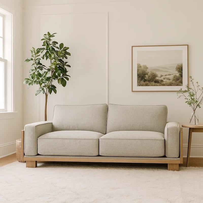 Denu Sofa, Light Brown Fabric Padded, Welt Trim Details, 93 Inch