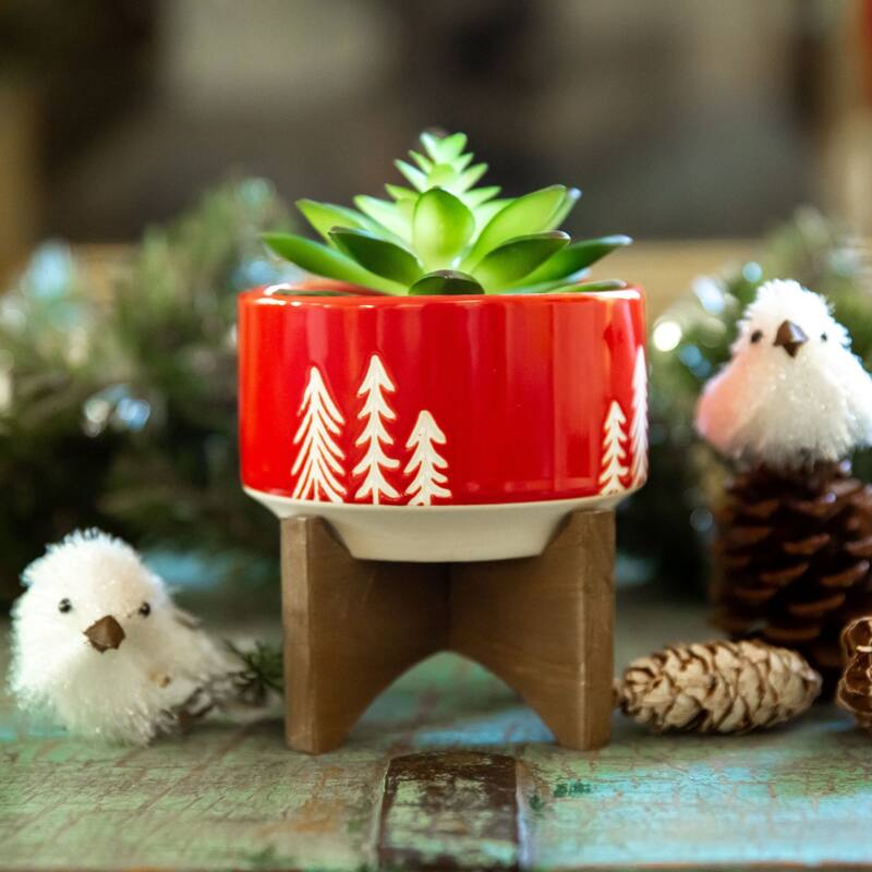 4" Christmas Ceramic on Wood Stand - Red