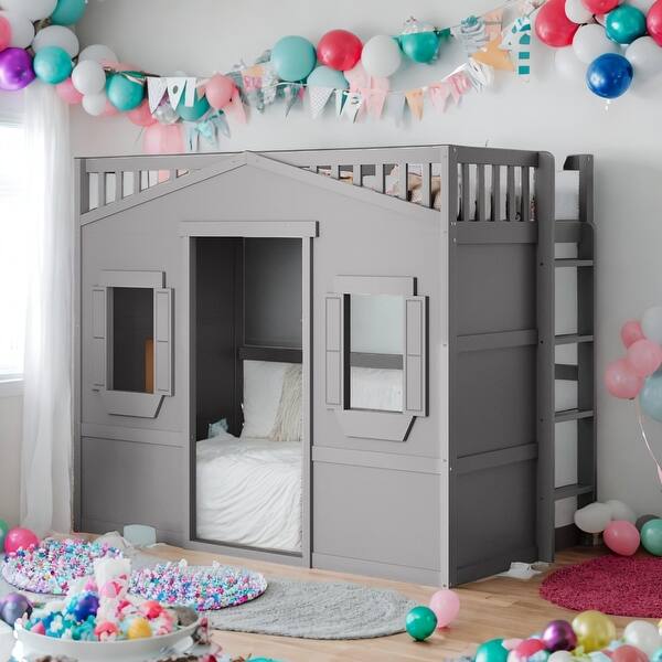 slide 2 of 15, Modern Twin Size House Loft Bed With Ladder and Guaranteed, Health and Comfort, Sturdy Construction & Unique Design, Gray Grey