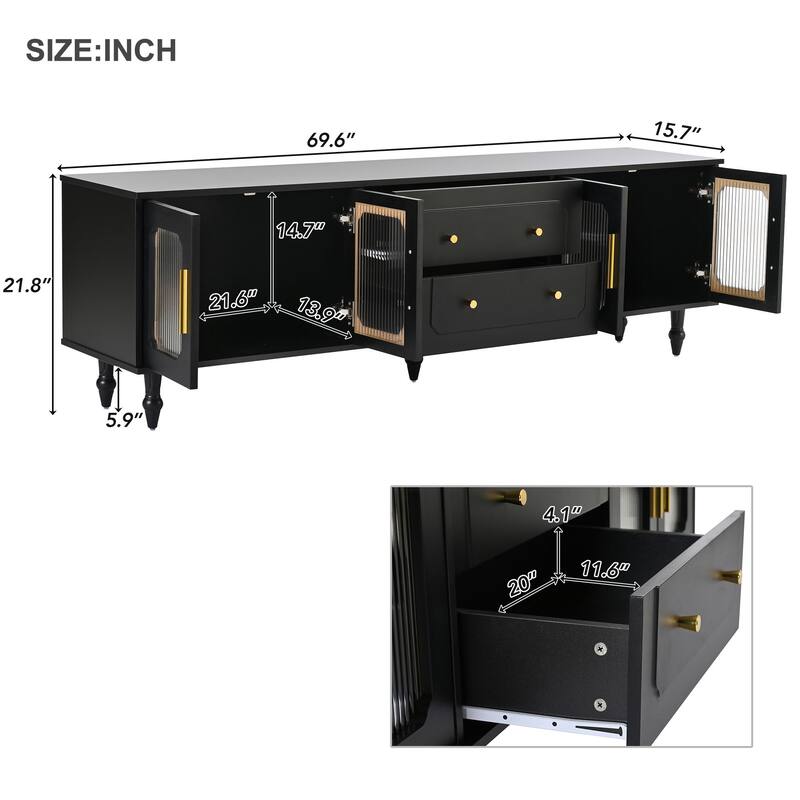 Retro Design TV Stand, for TVs Up to 78'' with Arch Fluted Glass Doors 2 Drawers and Cabinets, for Living Rooms, Black