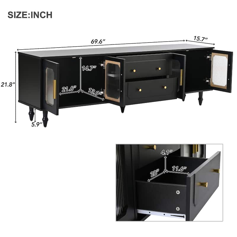 TV Stand with Fluted Glass Doors for TVs Up to 78'',Media Console with 2 Drawers,Cabinets,Entertainment Center