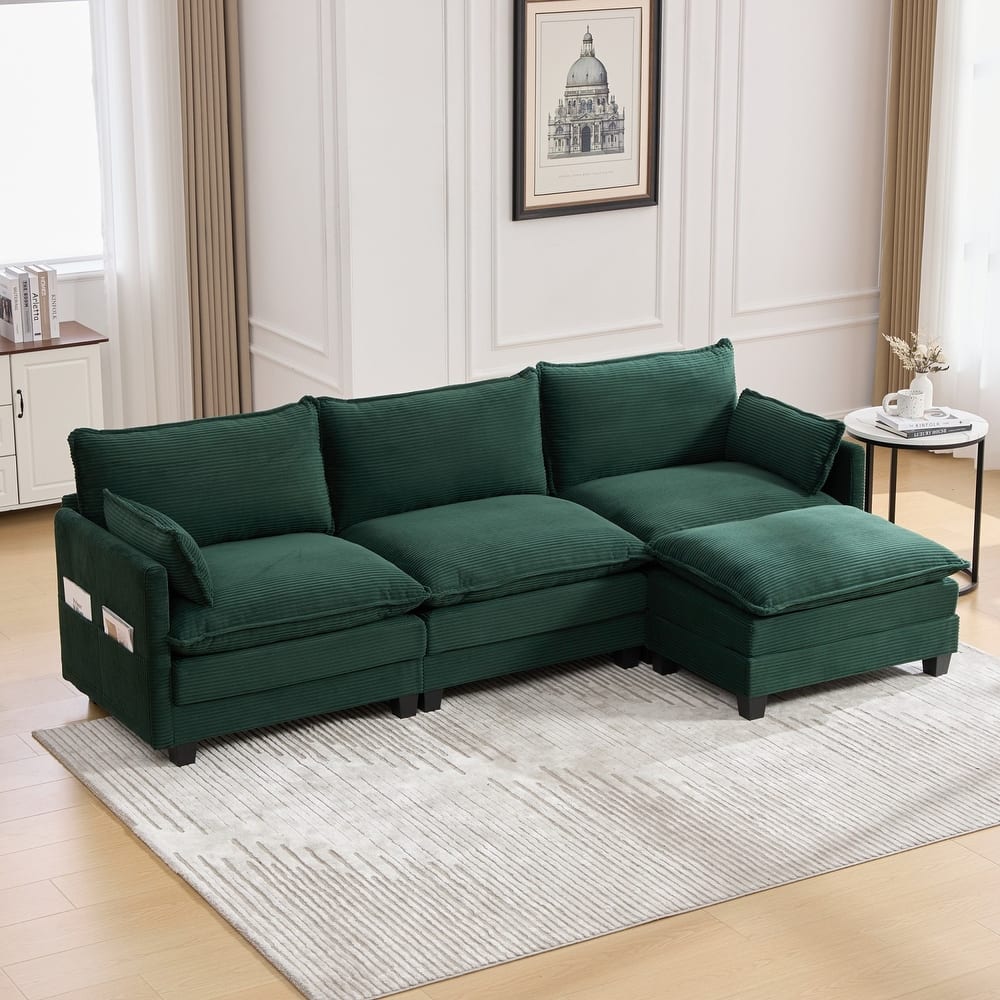 102.95" L-Shaped Corduroy Sectional Sofa with Movable Ottoman