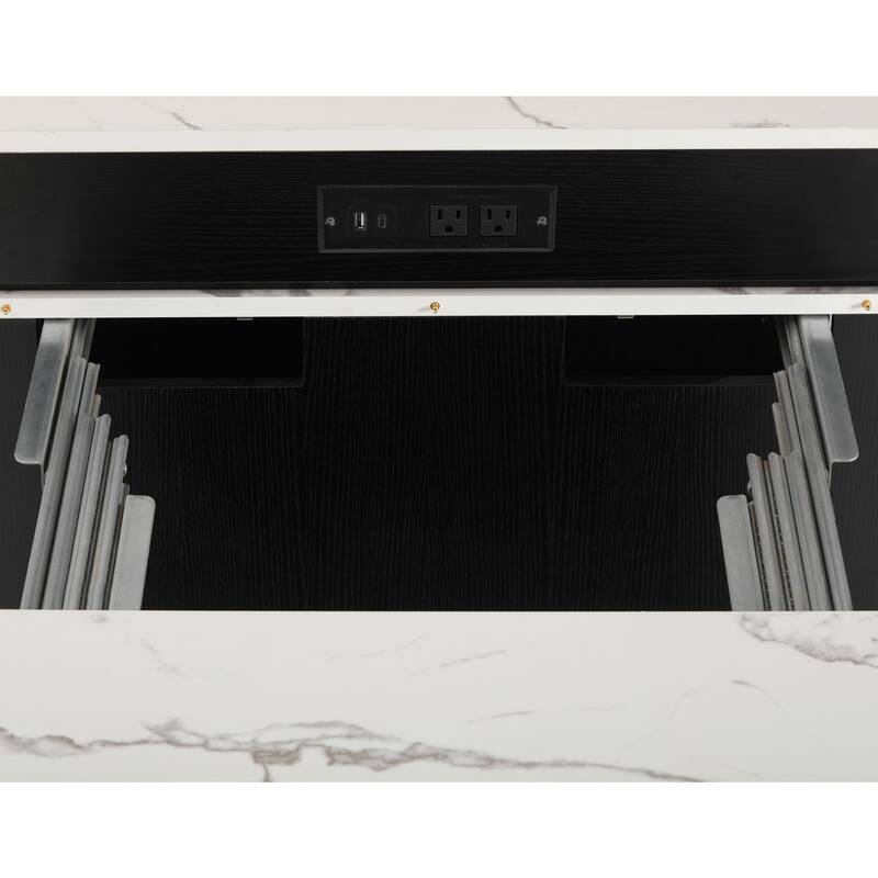 Kitchen Island with Extendable Dining Table, Kitchen Storage Table with 2 Drawers, Power Outlet, Open Shelves, for Diningroom