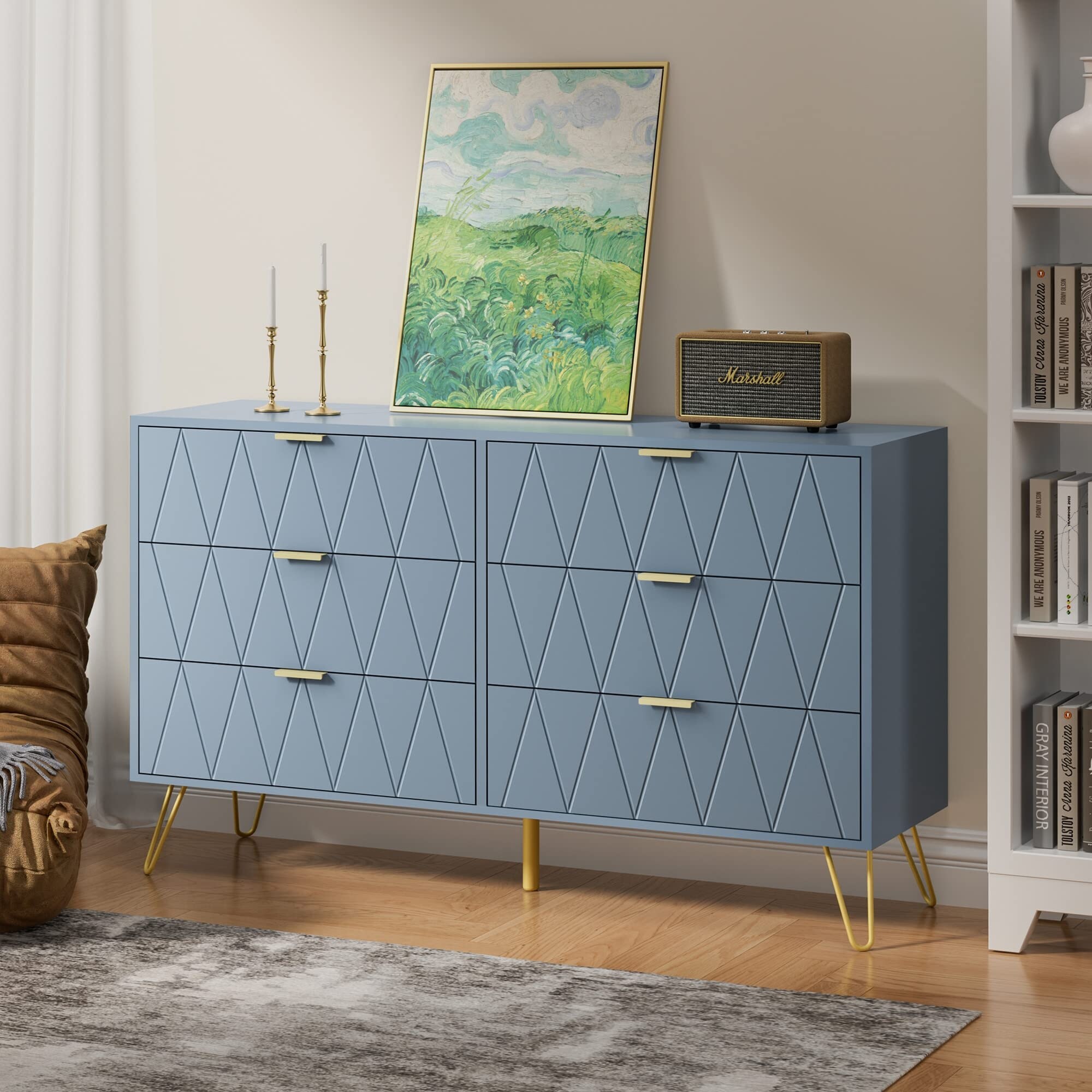 gold and blue dresser 50" Modern Blue Dresser Accent Cabinet with 6 Drawers and Shell Pulls in Gold-Wehomz WEHOMZ