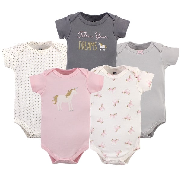 slide 1 of 1, Hudson Baby Infant Girl Cotton Bodysuits 5pk, Gold Unicorn 9-12 Months - Gold Unicorn